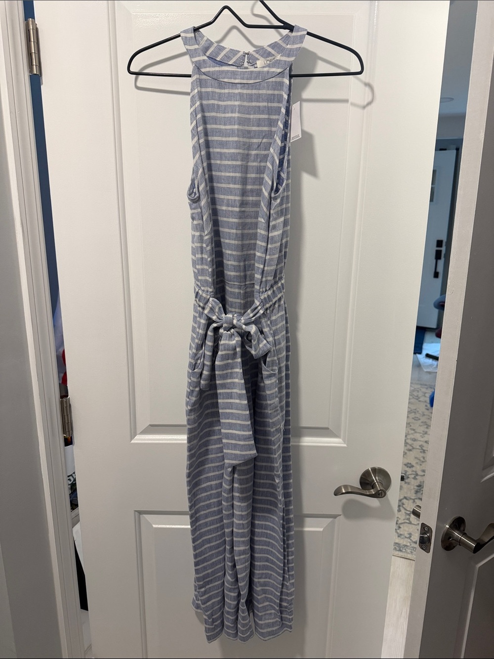 LOFT Blue and White Striped Sleeveless Jumpsuit with Tie Waist